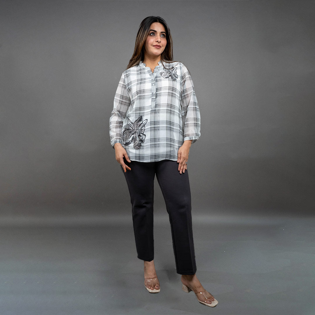 PRESENCE PLUS SIZE CHEX PRINTED TOP WITH RHIMESTONES