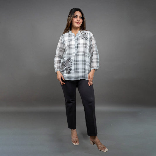 PRESENCE PLUS SIZE CHEX PRINTED TOP WITH RHIMESTONES