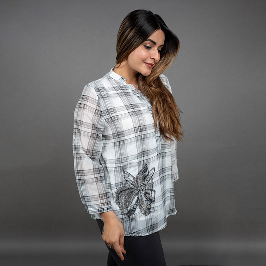 PRESENCE PLUS SIZE CHEX PRINTED TOP WITH RHIMESTONES