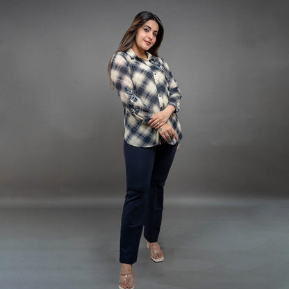 PRESENCE PLUS SIZE CHEX SHIRT WITH BUTTERFLY APPLIQUE