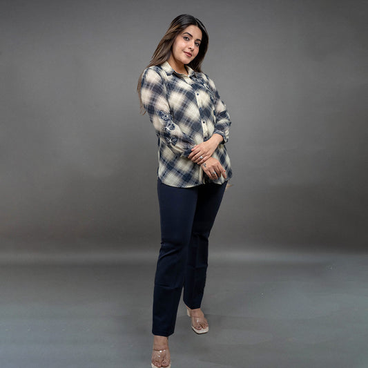 PRESENCE PLUS SIZE CHEX SHIRT WITH BUTTERFLY APPLIQUE