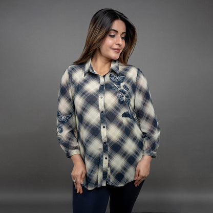 PRESENCE PLUS SIZE CHEX SHIRT WITH BUTTERFLY APPLIQUE