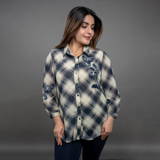 PRESENCE PLUS SIZE CHEX SHIRT WITH BUTTERFLY APPLIQUE