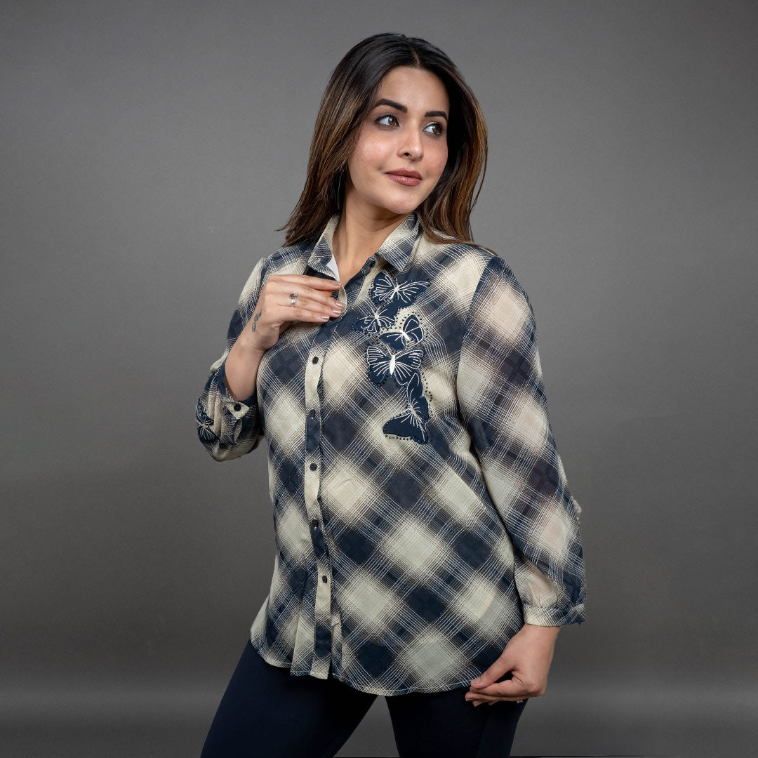 PRESENCE PLUS SIZE CHEX SHIRT WITH BUTTERFLY APPLIQUE