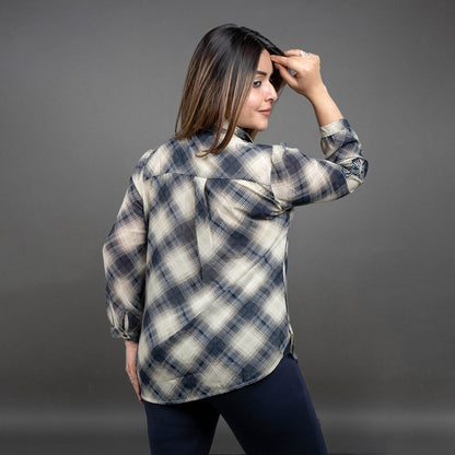 PRESENCE PLUS SIZE CHEX SHIRT WITH BUTTERFLY APPLIQUE