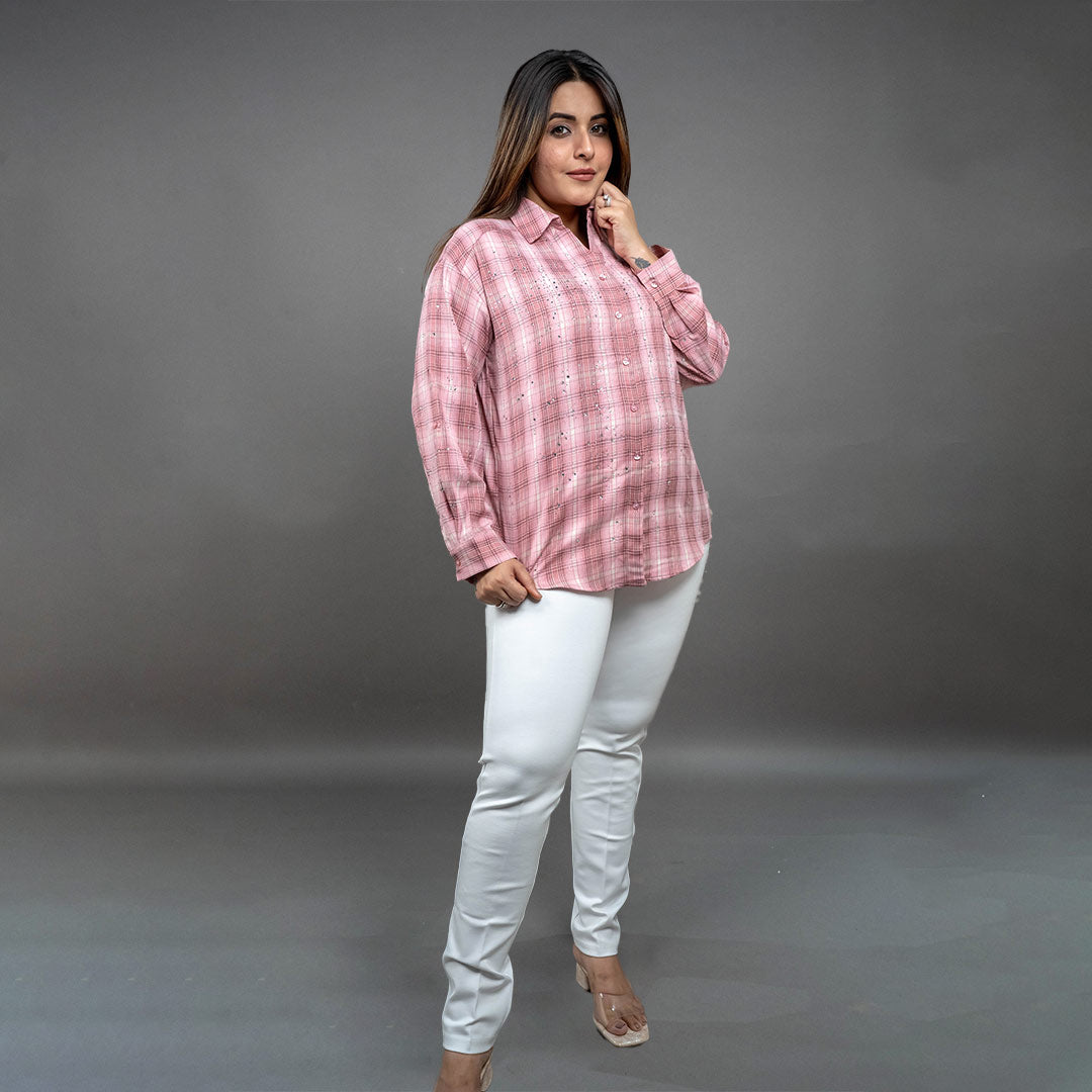 PRESENCE PLUS SIZE CHEX PRINTED COTTON SHIRT WITH RHIMESTONE HIGHLIGHT