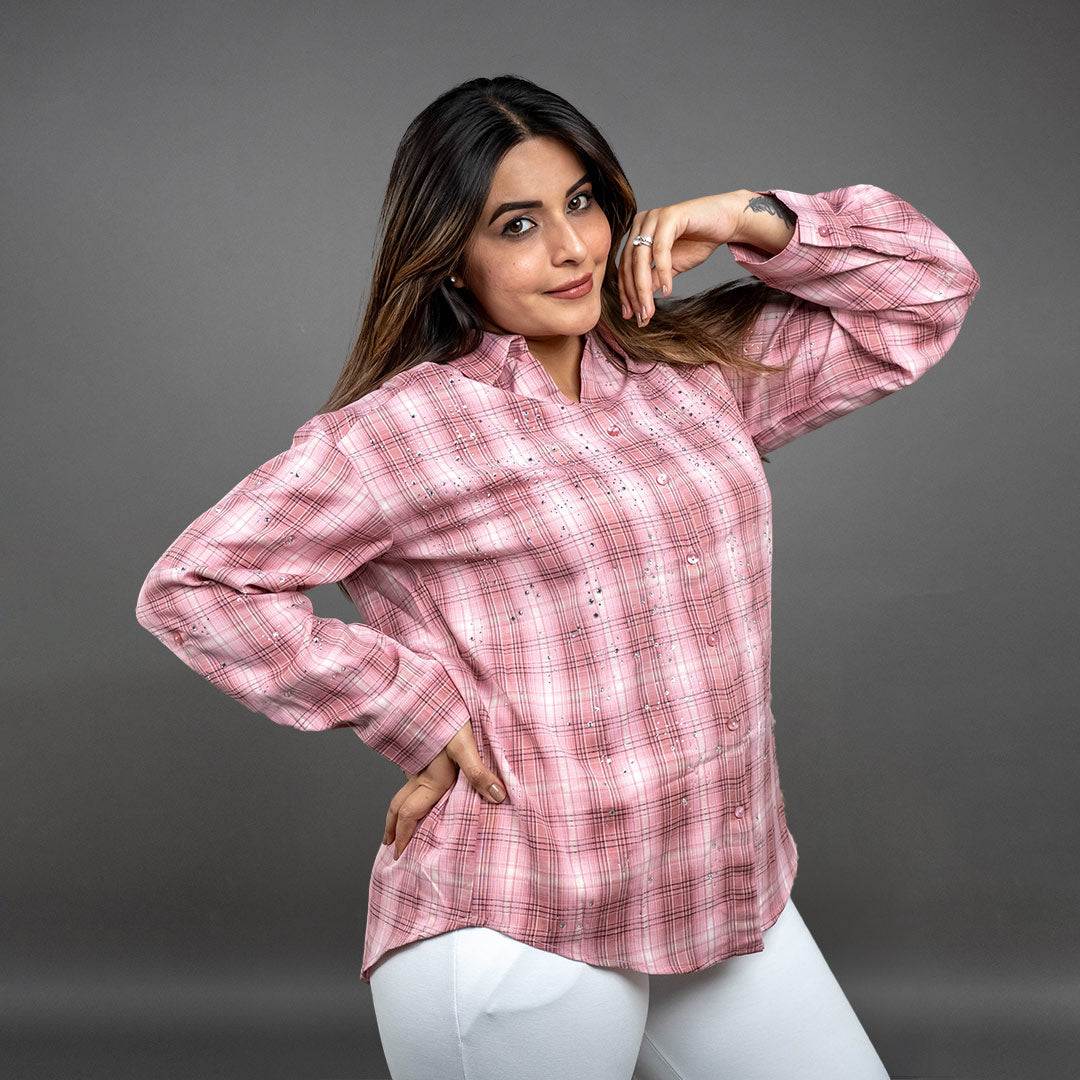 PRESENCE PLUS SIZE CHEX PRINTED COTTON SHIRT WITH RHIMESTONE HIGHLIGHT