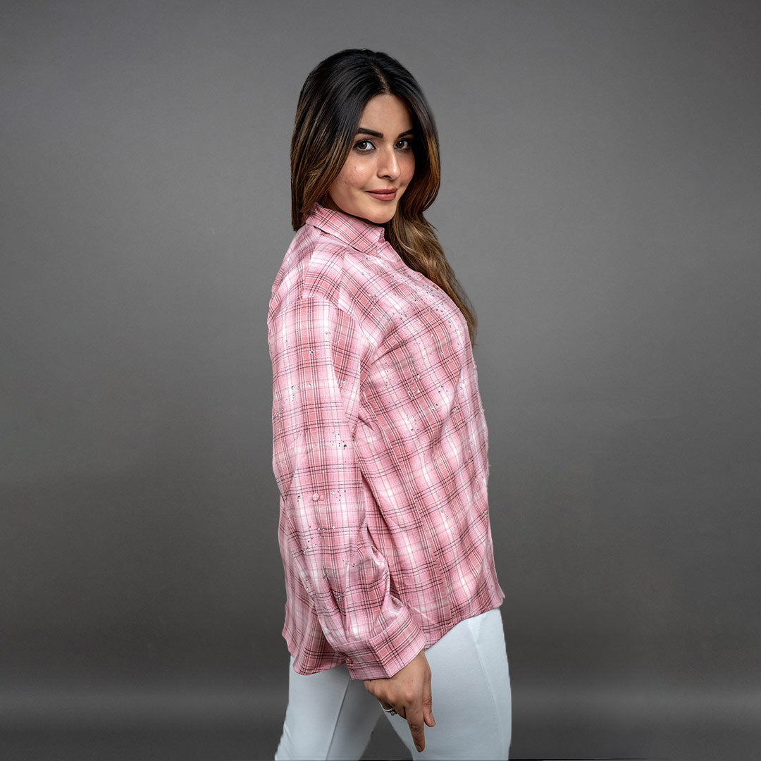 PRESENCE PLUS SIZE CHEX PRINTED COTTON SHIRT WITH RHIMESTONE HIGHLIGHT