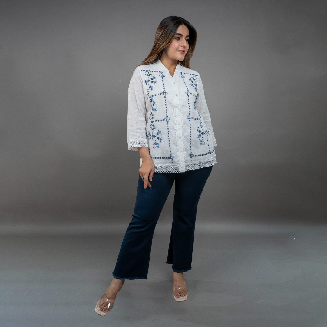 PRESENCE PLUS SIZE COTTON EMBROIDERED SHIRT