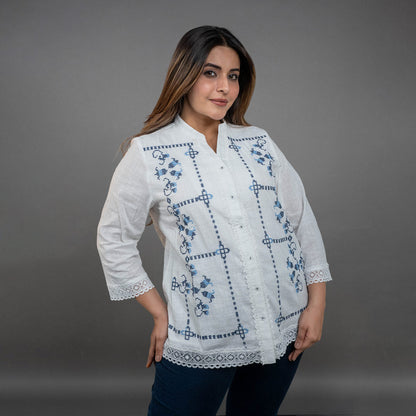 PRESENCE PLUS SIZE COTTON EMBROIDERED SHIRT