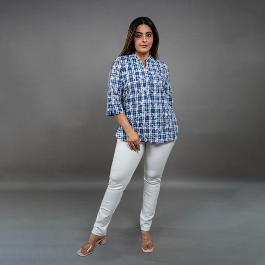 PRESENCE CHEX PRINTED TOP WITH EMROIDERY