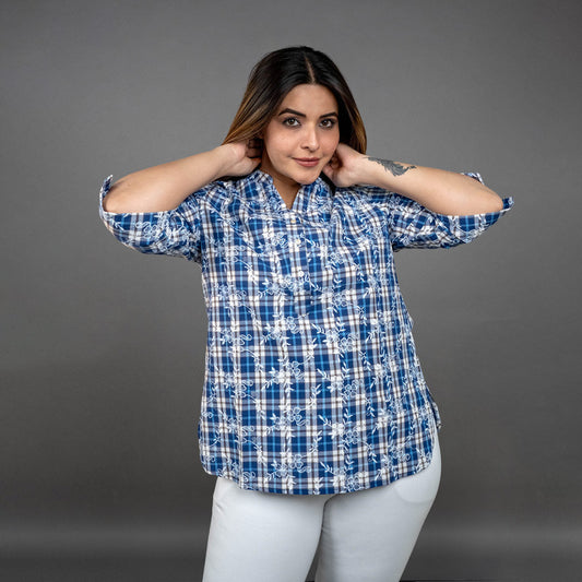 PRESENCE CHEX PRINTED TOP WITH EMROIDERY