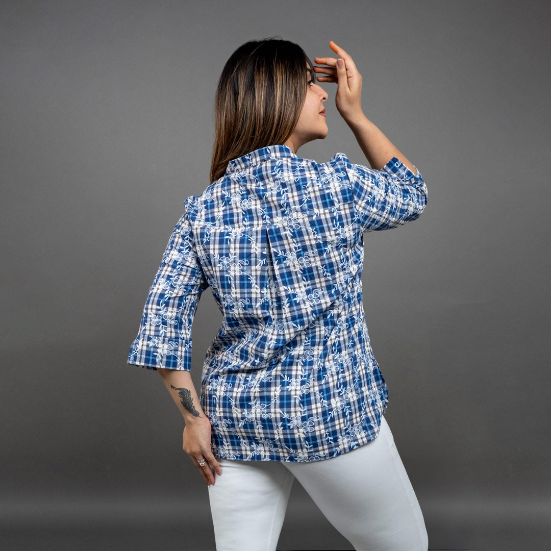 PRESENCE CHEX PRINTED TOP WITH EMROIDERY